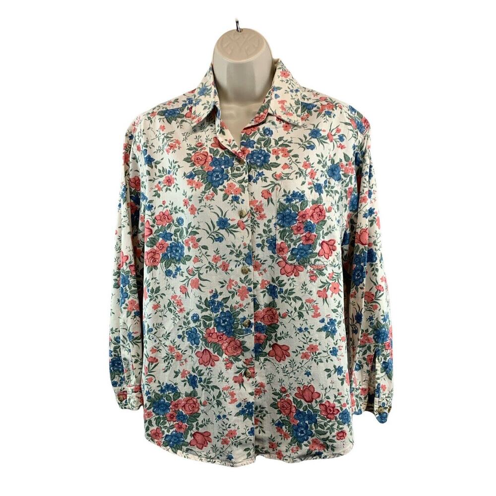 Faded Glory Women's Small Long Sleeve Button Down Shirt Floral Cotton Collared